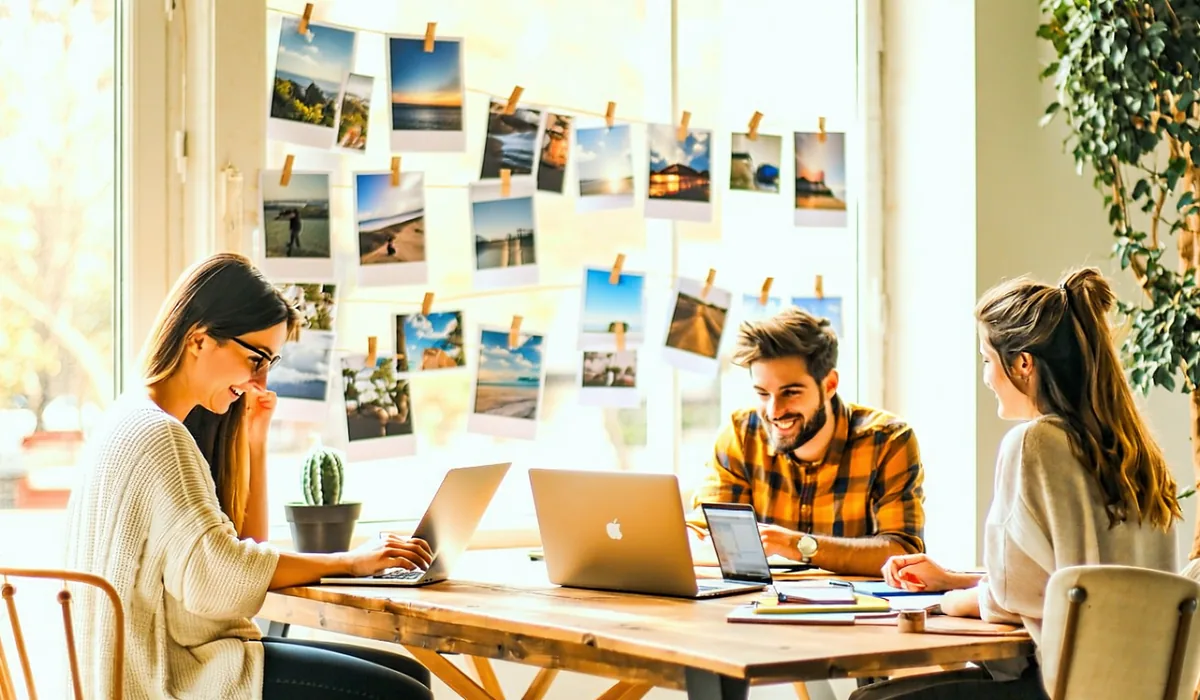 Small team working together in a bright, warm office with travel maps and laptops