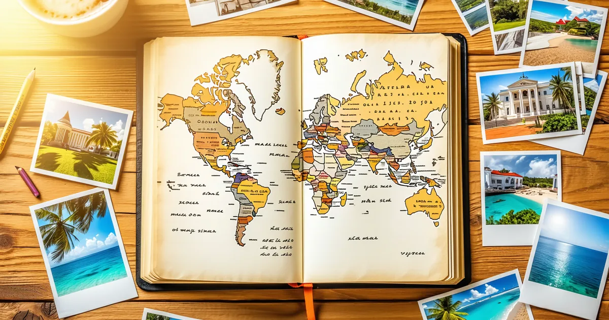 Open travel journal with handwritten notes and maps spread on a wooden table