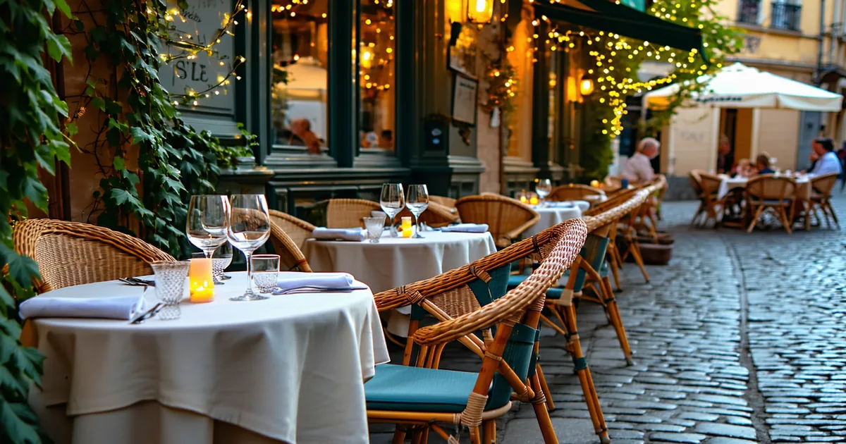Warm evening restaurant terrace with candles and wine glasses
