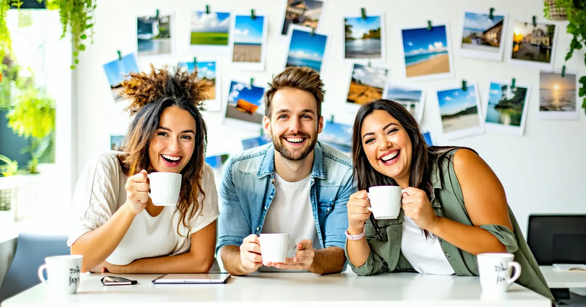 Small team gathered around a table in a bright startup office, celebrating