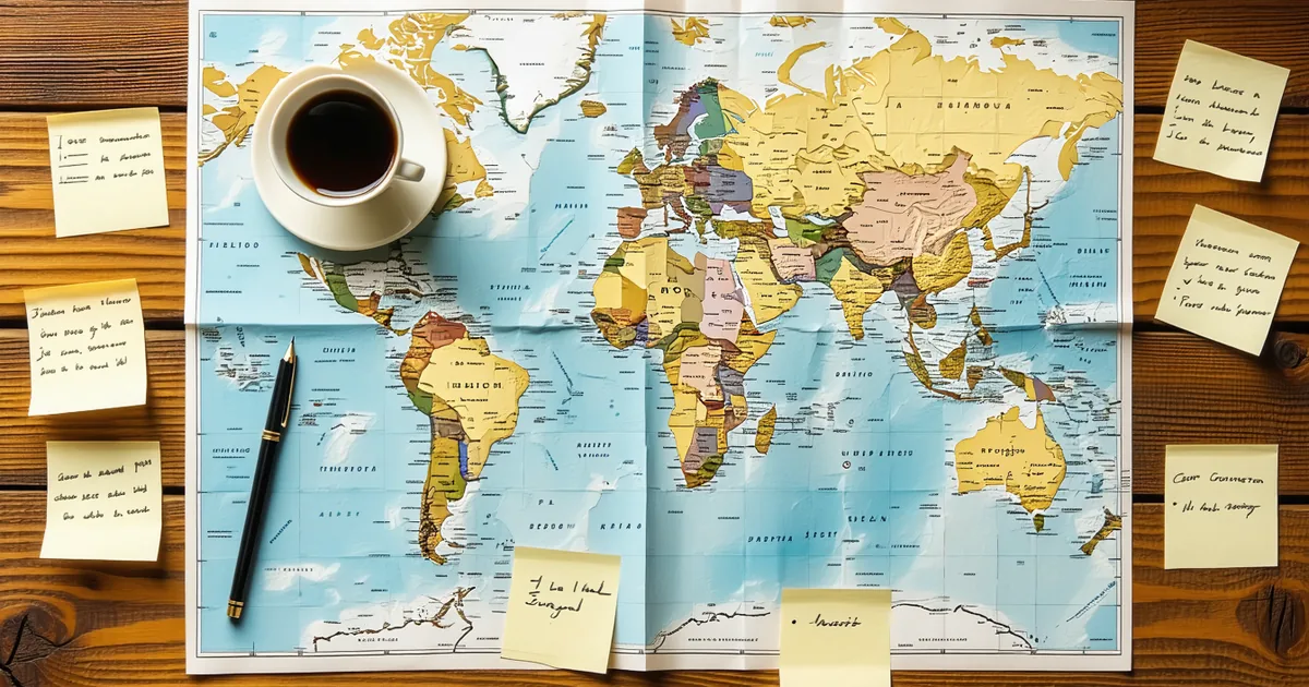 Map spread on a table with a coffee cup and handwritten notes