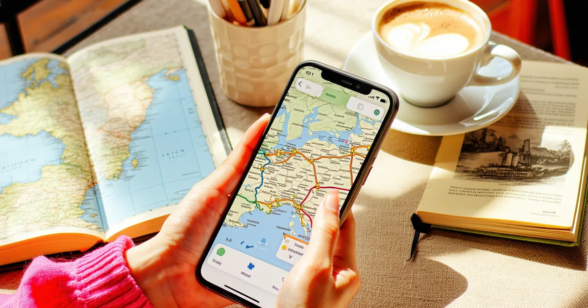 Hands typing on a phone with a map and travel guidebook on a cafe table