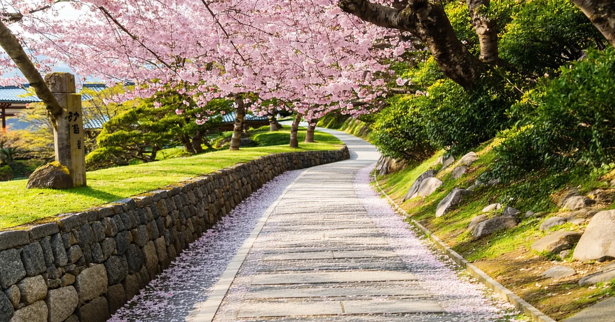 Cherry blossom path along a Japanese temple walkway in spring morning light