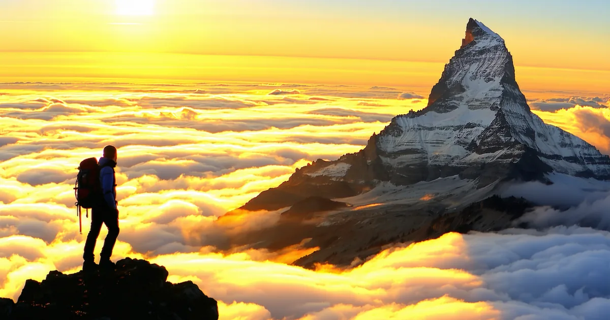 Mountain summit view with dramatic landscape and warm sunset clouds