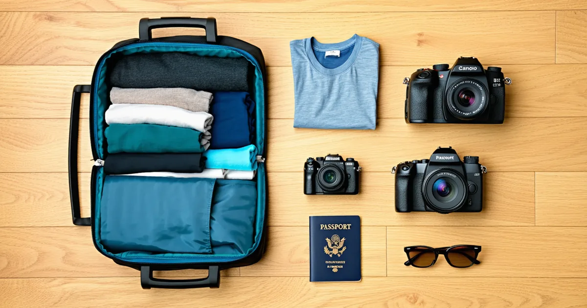 Small carry-on bag on a wooden floor with minimal travel essentials