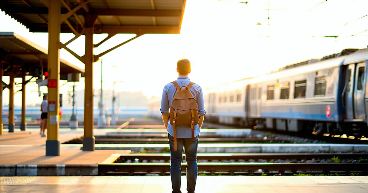 Solo traveler with backpack standing at a train station platform