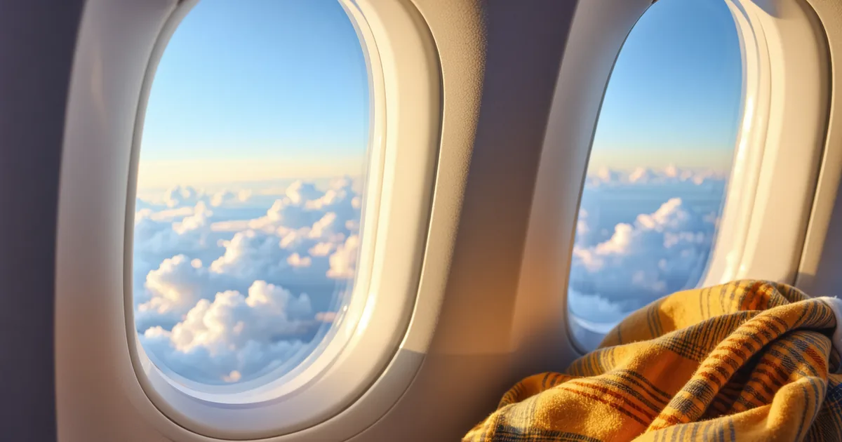 Traveler sleeping peacefully in window seat of plane with clouds outside