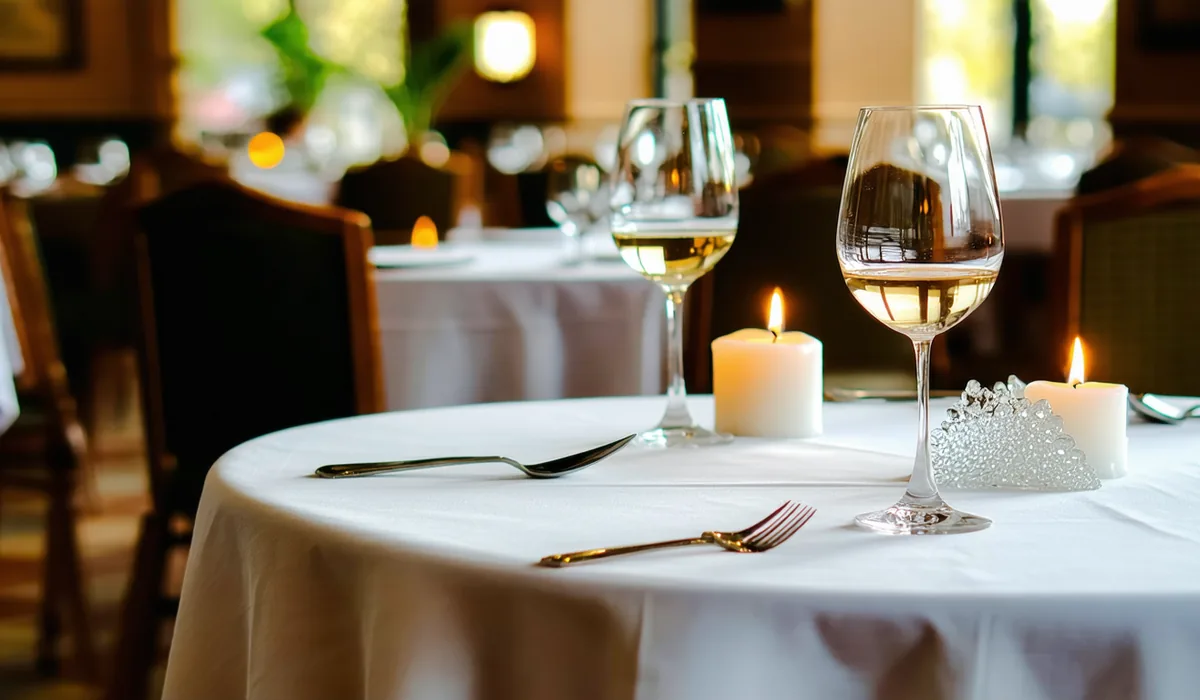 Candlelit restaurant table set for two, warm intimate ambiance