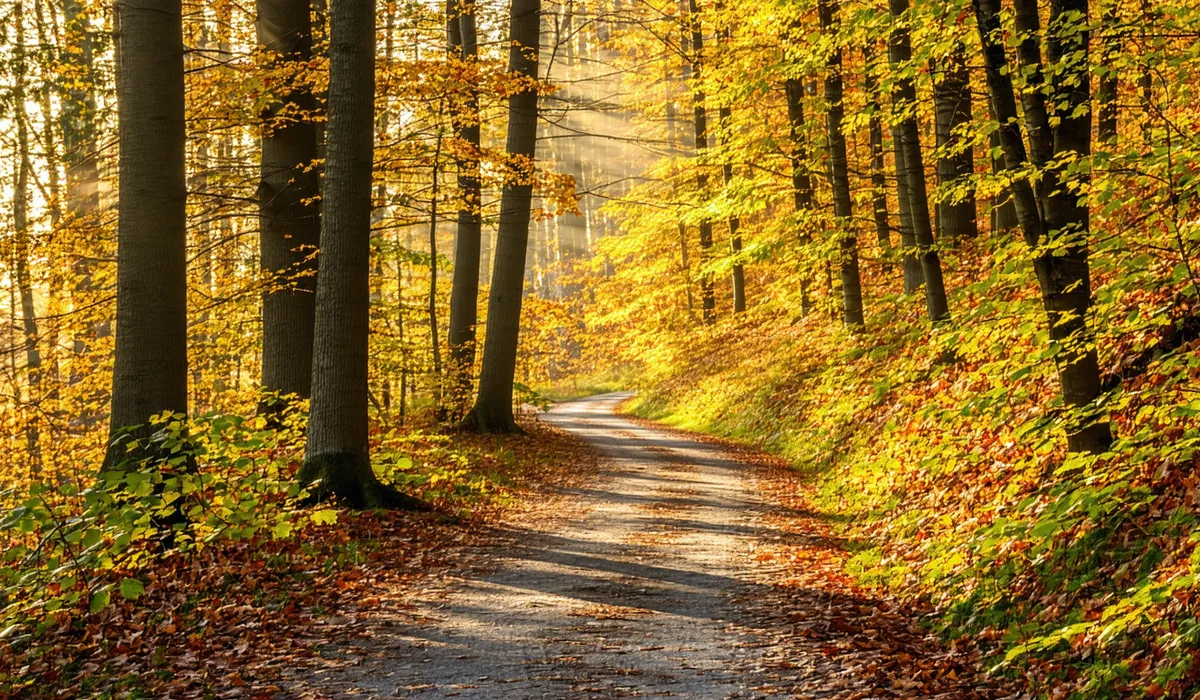 Scenic mountain trail winding through autumn forest, warm golden foliage