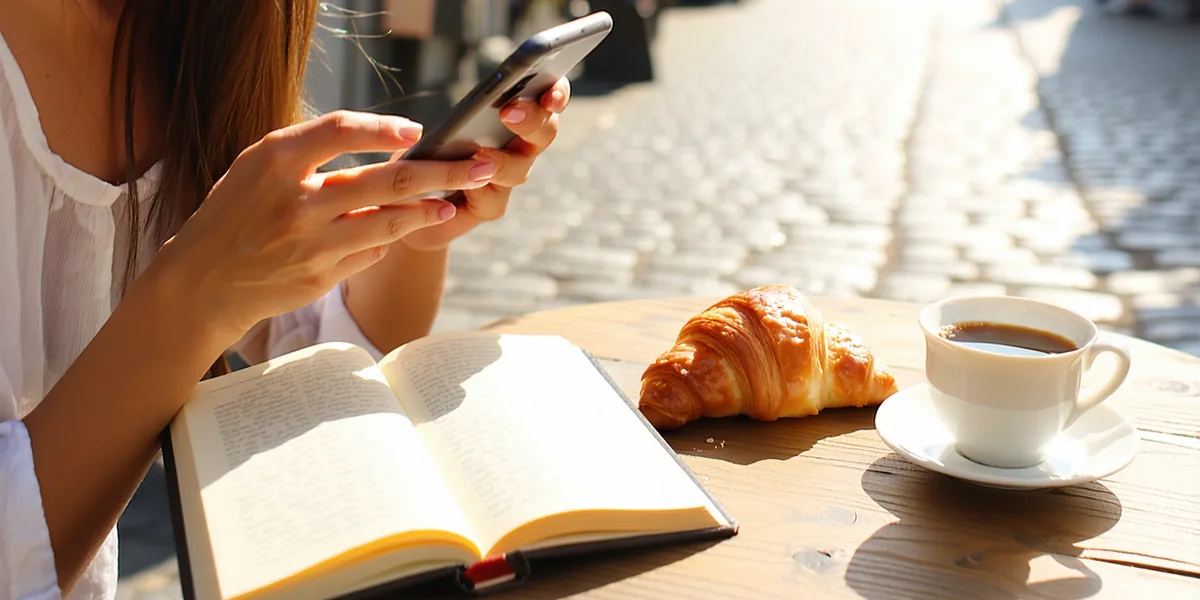 Traveler with a phone planning a trip at a cafe, warm light, relaxed morning atmosphere