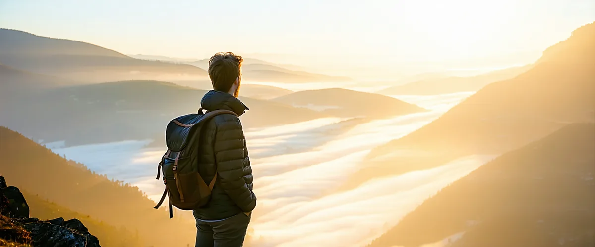 Traveler at a viewpoint overlooking a scenic valley at golden hour